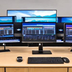 A desk with multiple monitors - https://dezgo.com/txt2img